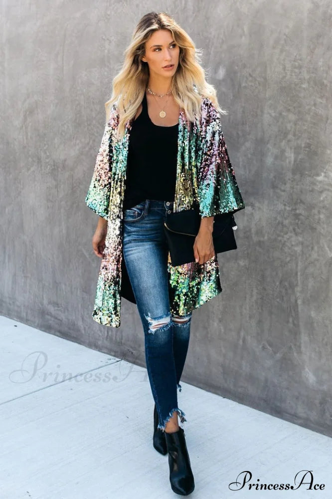 Colorful Mid-Length Stylish Sequin Cardigan image 1