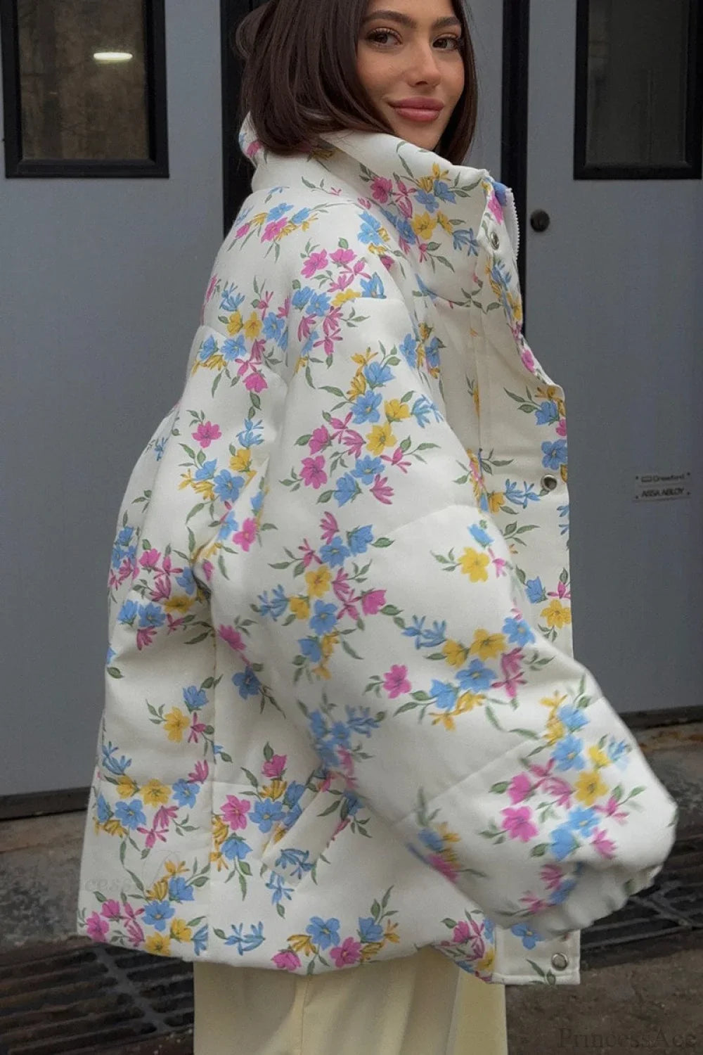 Colorful Print Stand Collar Zipper Cotton Blend Coat image 4