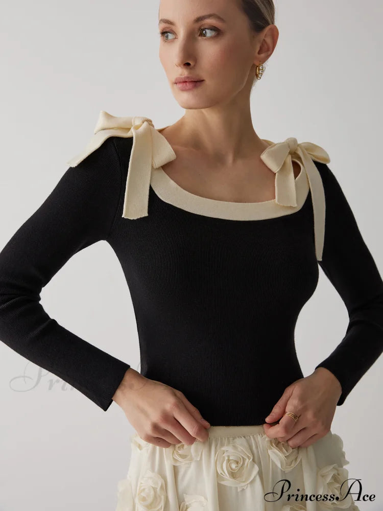 Contrast Bow Crew Trendy Neck Knit Top image 1