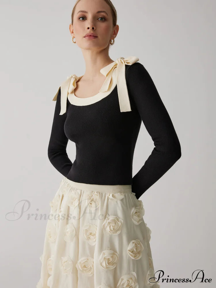 Contrast Bow Crew Trendy Neck Knit Top image 2