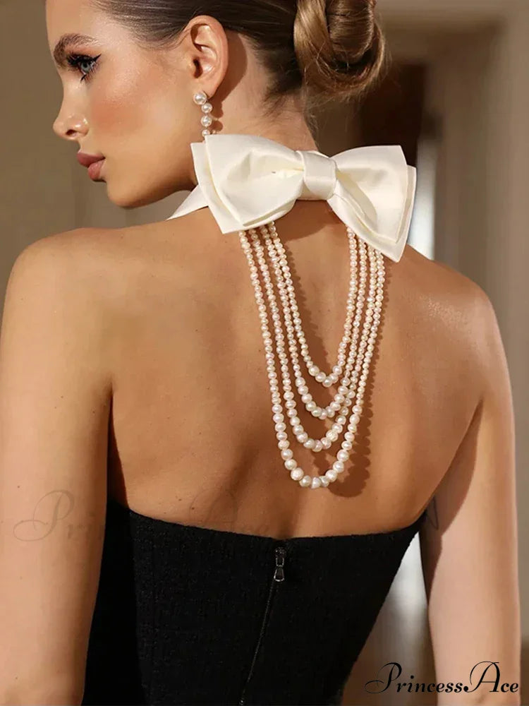 Contrast Collar Pearl Charming Bow Black Mini Dress image 5