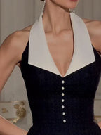 Contrast Collar Pearl Charming Bow Black Mini Dress image 6