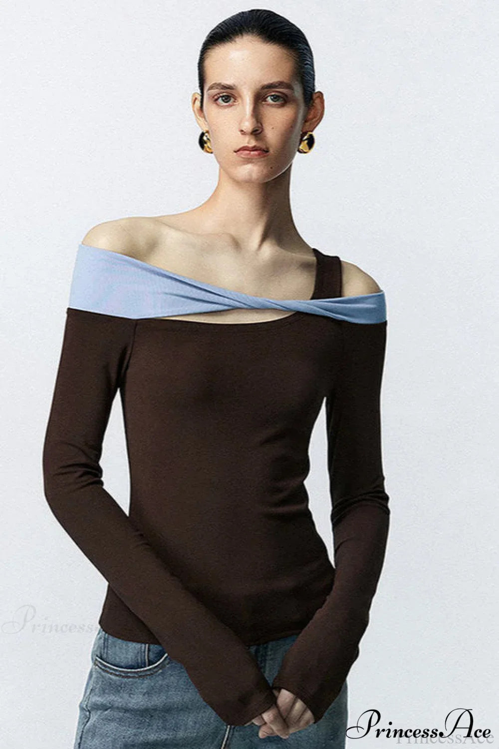 Contrast Color One Shoulder Cutout Slim Long Sleeve Tee image 2