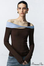 Contrast Color One Shoulder Cutout Slim Long Sleeve Tee image 2