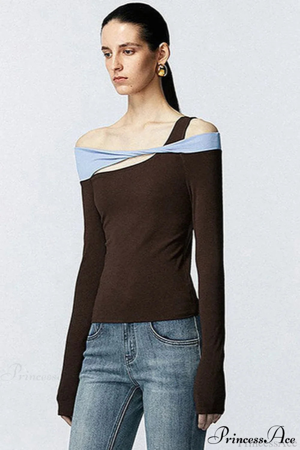 Contrast Color One Shoulder Cutout Slim Long Sleeve Tee image 3