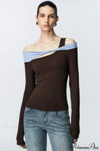 Contrast Color One Shoulder Cutout Slim Long Sleeve Tee image 1