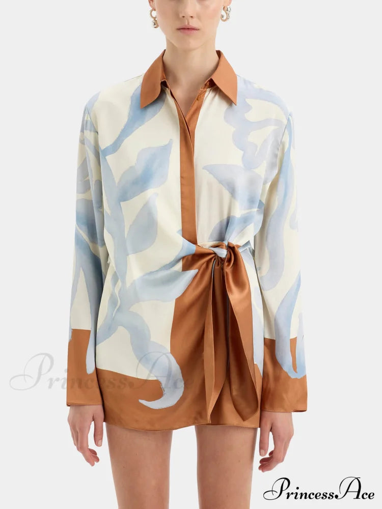 Contrast Color Tie-Dye Irregular Graceful Knotted Shirt Short Dress image 1