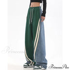 Contrast Color Women High Waist Straight Cropped High Street Drawstring Tie Up Sweatpants Cylinder Lady Wide Leg Jean image 1