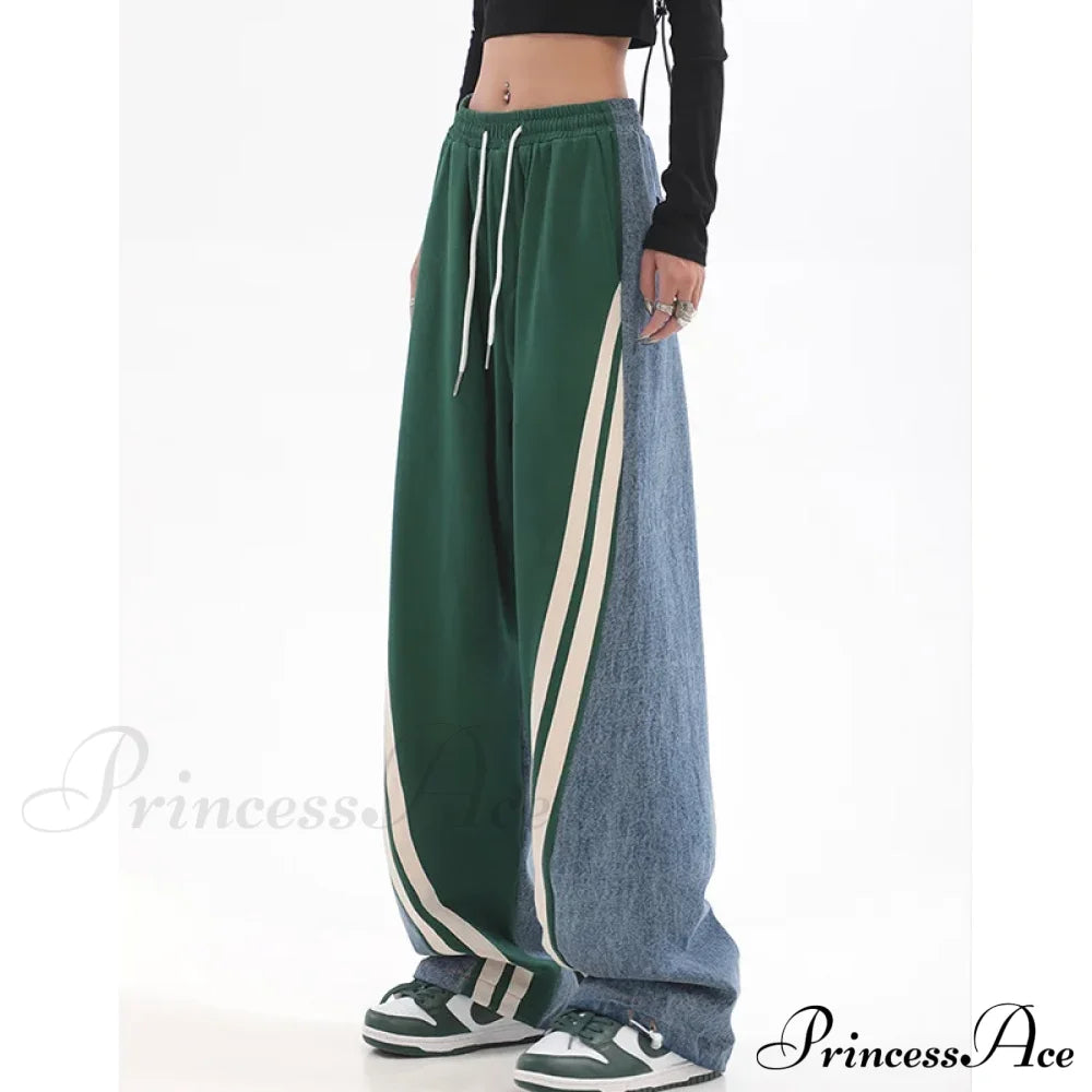 Contrast Color Women High Waist Straight Cropped High Street Drawstring Tie Up Sweatpants Cylinder Lady Wide Leg Jean image 1
