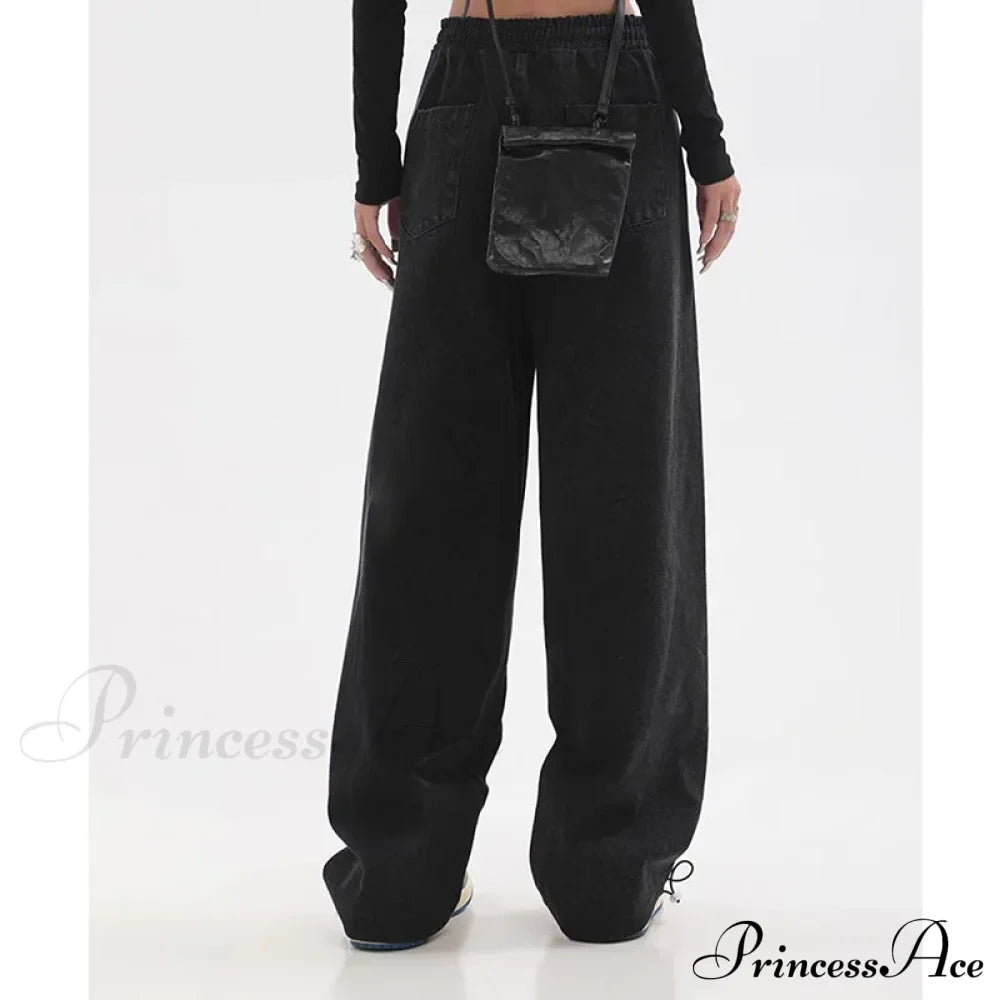 Contrast Color Women High Waist Straight Cropped High Street Drawstring Tie Up Sweatpants Cylinder Lady Wide Leg Jean image 5