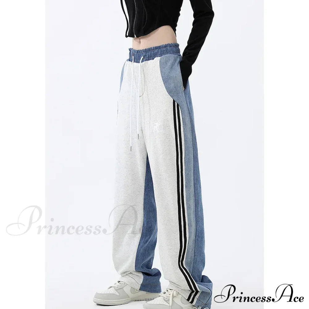 Contrast Color Women High Waist Straight Cropped High Street Drawstring Tie Up Sweatpants Cylinder Lady Wide Leg Jean image 2