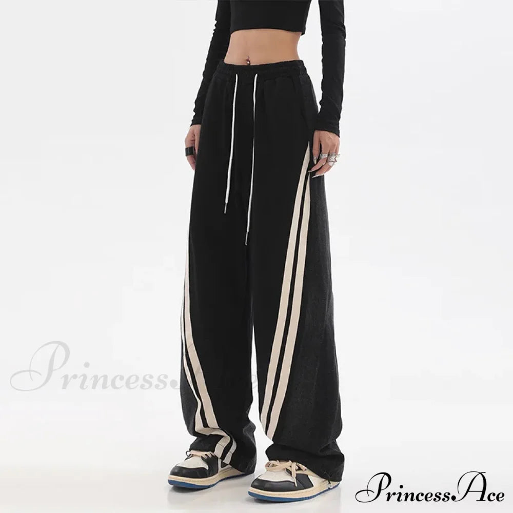 Contrast Color Women High Waist Straight Cropped High Street Drawstring Tie Up Sweatpants Cylinder Lady Wide Leg Jean image 4