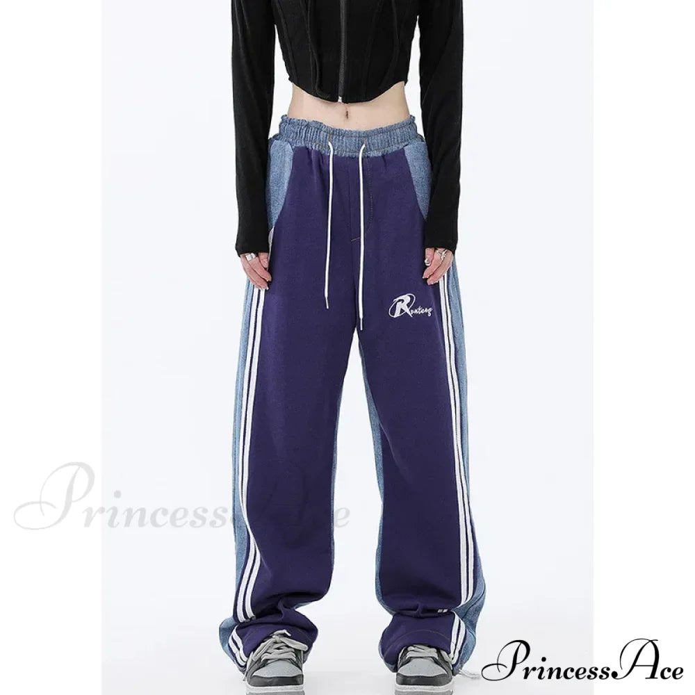 Contrast Color Women High Waist Straight Cropped High Street Drawstring Tie Up Sweatpants Cylinder Lady Wide Leg Jean image 9