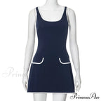 Contrast Seam Blue Charming Mock Pocket Mini Dress image 5