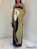 Contrast Sleeveless Off Charming Shoulder Printed Maxi Dress image 1