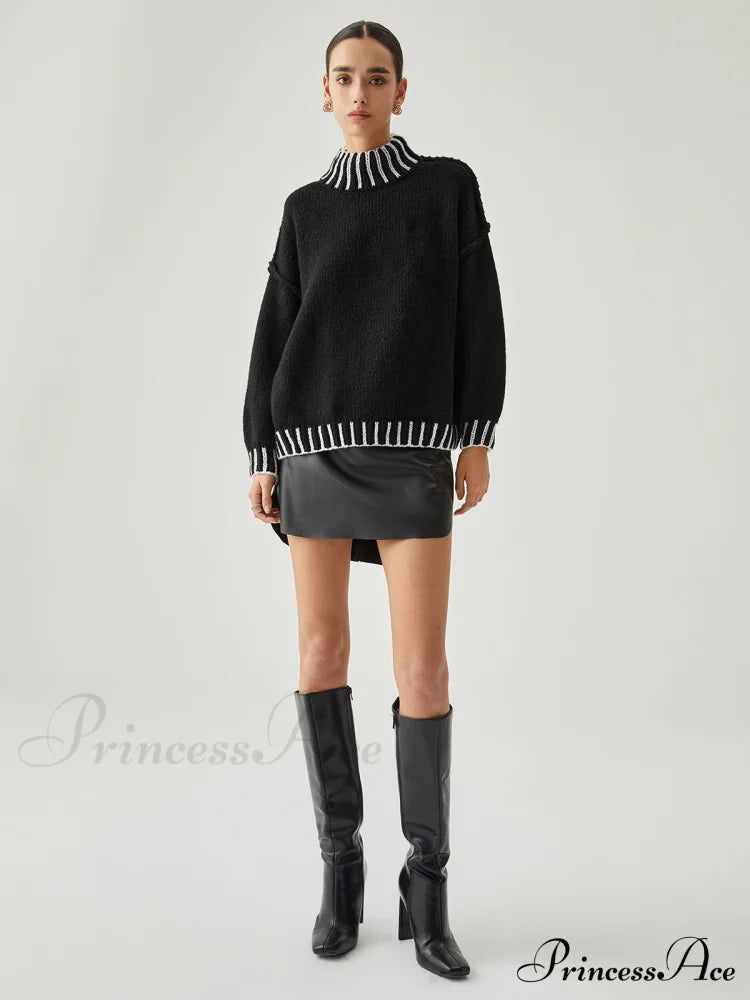 Contrast Stitch Graceful Mock Neck Sweater image 4