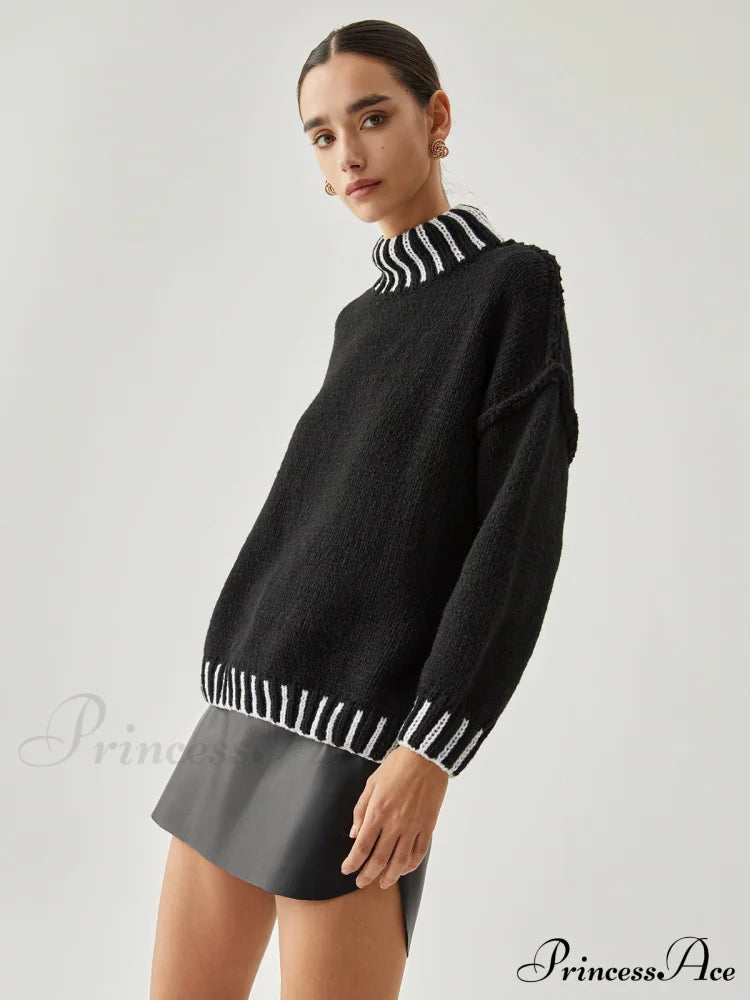 Contrast Stitch Graceful Mock Neck Sweater image 6