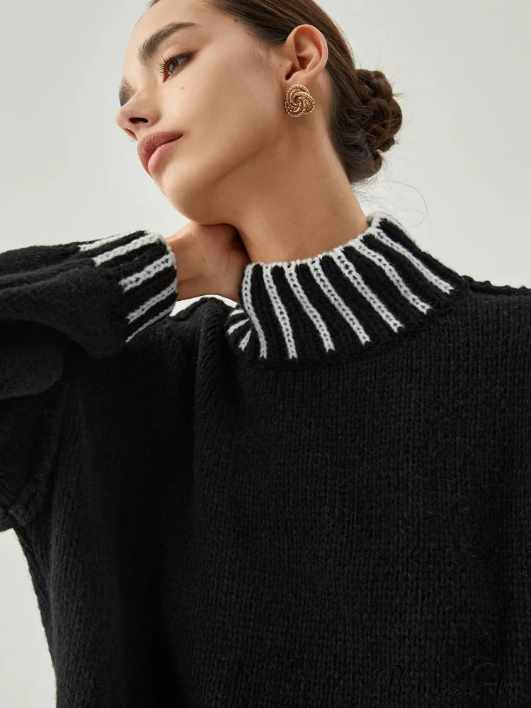Contrast Stitch Graceful Mock Neck Sweater image 2