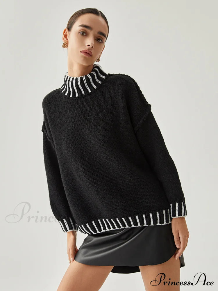 Contrast Stitch Graceful Mock Neck Sweater image 5