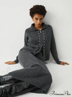 Contrast Stitches Two Way Zip Classic Long Sleeve Two Piece Skirt Set image 1