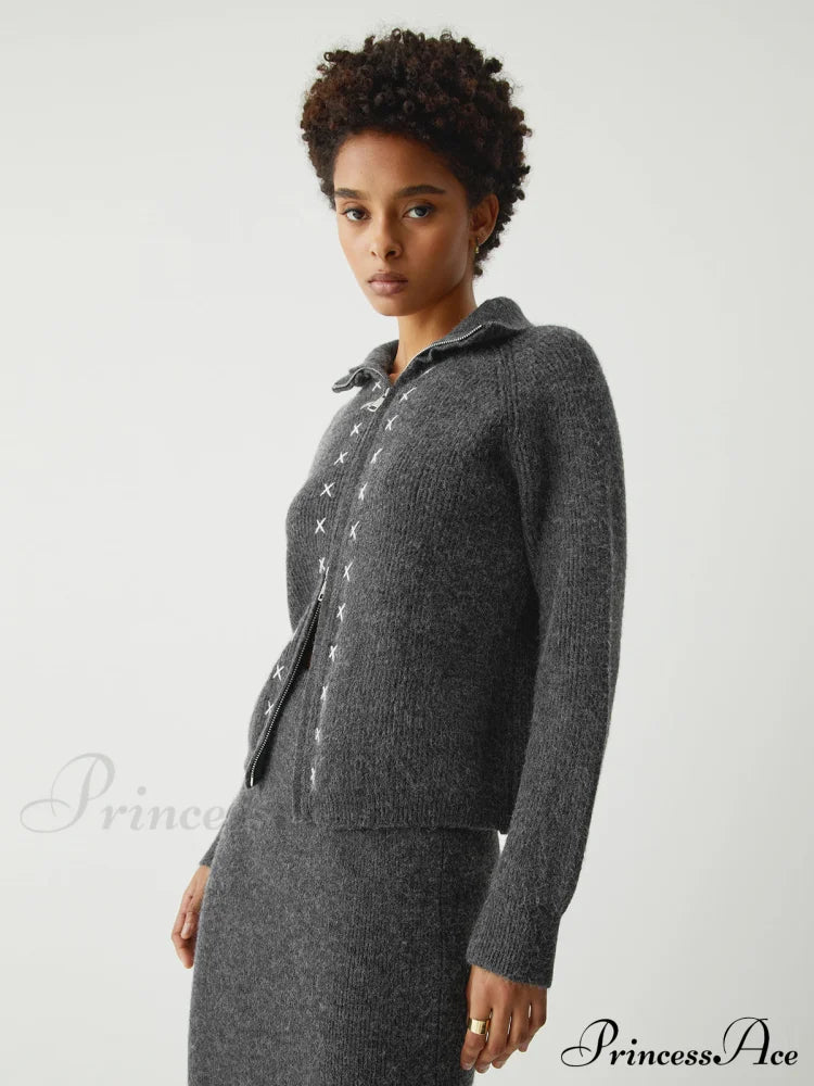 Contrast Stitches Two Way Zip Classic Long Sleeve Two Piece Skirt Set image 4