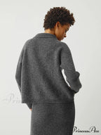 Contrast Stitches Two Way Zip Classic Long Sleeve Two Piece Skirt Set image 5