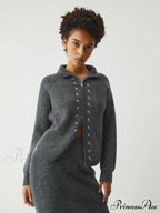 Contrast Stitches Two Way Zip Classic Long Sleeve Two Piece Skirt Set image 6