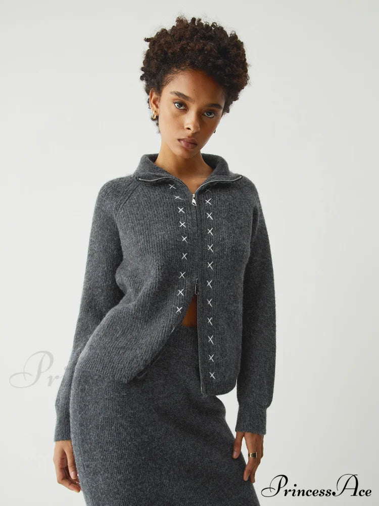 Contrast Stitches Two Way Zip Classic Long Sleeve Two Piece Skirt Set image 6