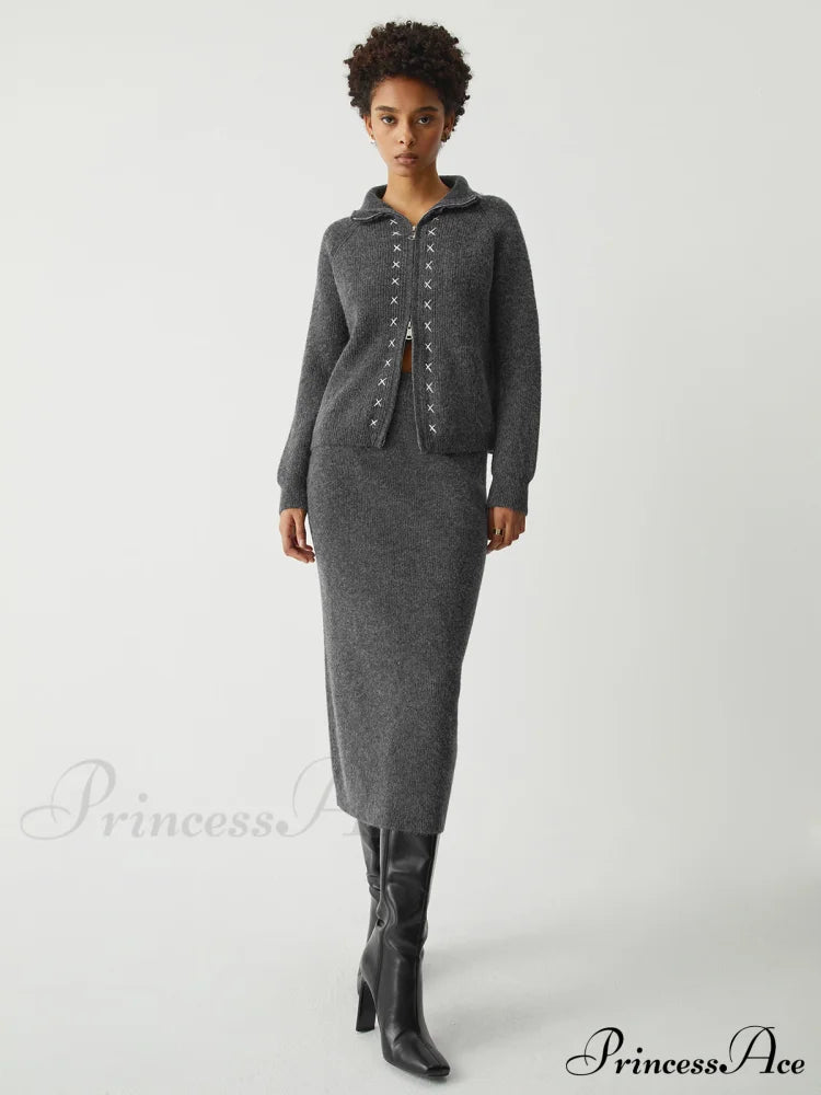 Contrast Stitches Two Way Zip Classic Long Sleeve Two Piece Skirt Set image 2