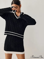 Contrast Trim Cable Knit Modern Sweater With Matching Skirt image 1