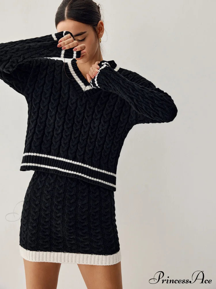 Contrast Trim Cable Knit Modern Sweater With Matching Skirt image 1
