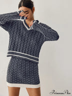 Contrast Trim Cable Knit Modern Sweater With Matching Skirt image 6