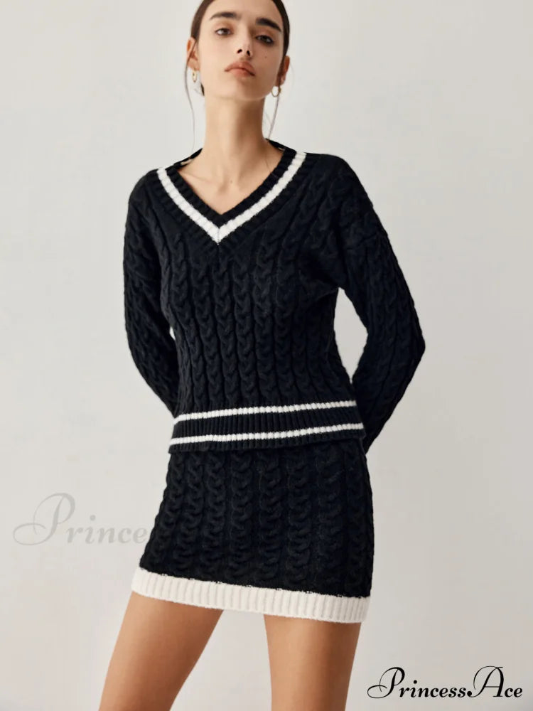 Contrast Trim Cable Knit Modern Sweater With Matching Skirt image 2