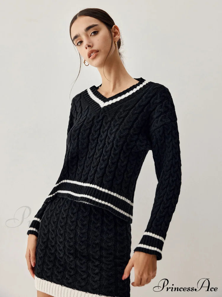 Contrast Trim Cable Knit Modern Sweater With Matching Skirt image 3