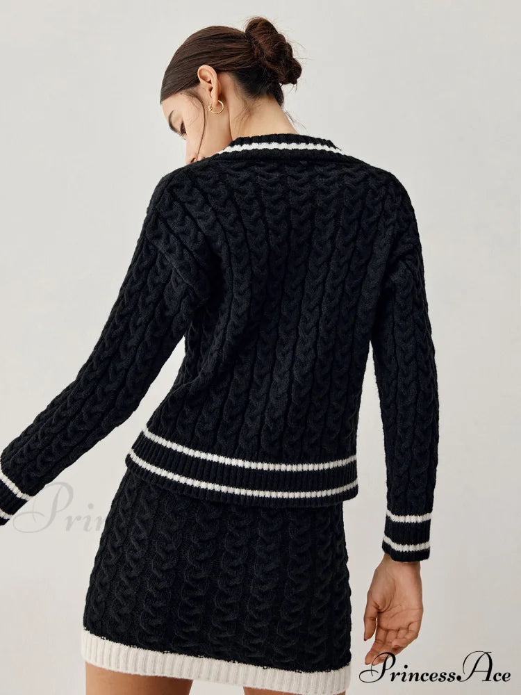 Contrast Trim Cable Knit Modern Sweater With Matching Skirt image 5