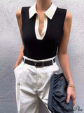 Contrast Trim Collar Trendy V-neck Knit Sweater Vest image 1