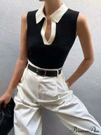 Contrast Trim Collar Trendy V-neck Knit Sweater Vest image 2