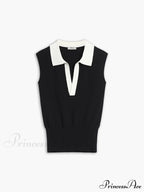 Contrast Trim Collar Trendy V-neck Knit Sweater Vest image 3