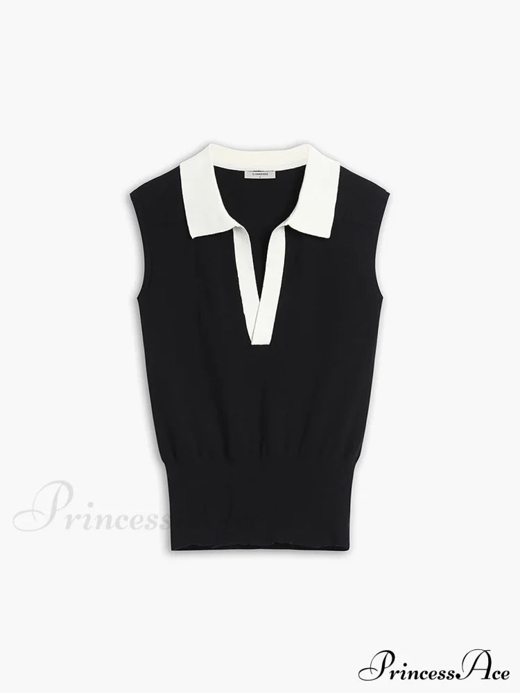 Contrast Trim Collar Trendy V-neck Knit Sweater Vest image 3