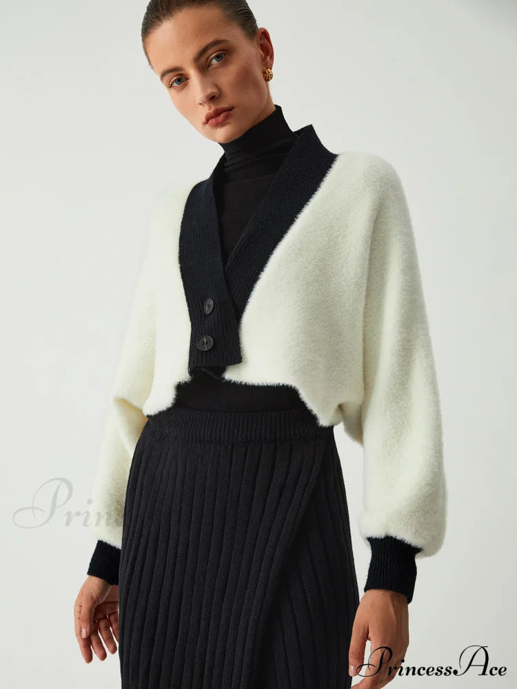 Contrast Trim Graceful Fuzzy Crop Cardigan image 1