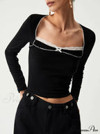 Contrast Trim Lace Trendy Long Sleeve Crop Top image 1