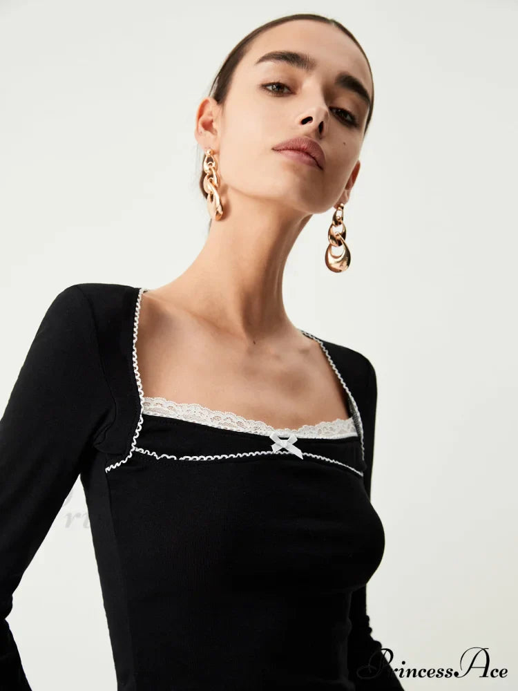 Contrast Trim Lace Trendy Long Sleeve Crop Top image 3