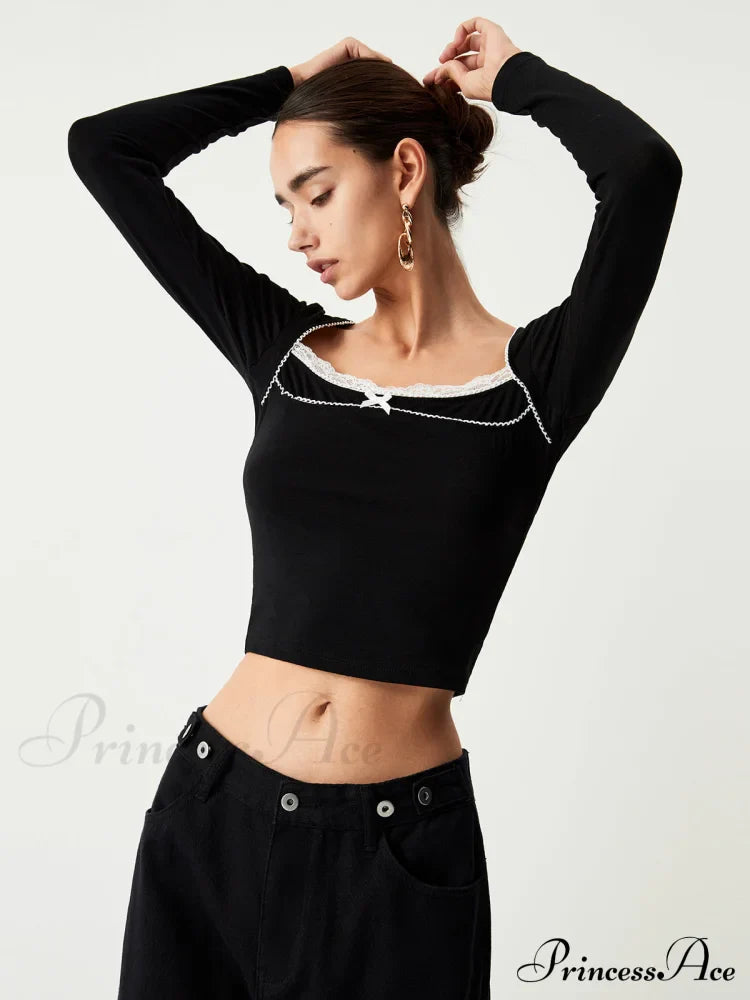 Contrast Trim Lace Trendy Long Sleeve Crop Top image 6