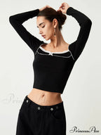 Contrast Trim Lace Trendy Long Sleeve Crop Top image 6