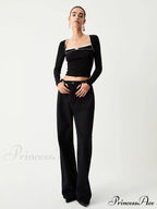 Contrast Trim Lace Trendy Long Sleeve Crop Top image 2
