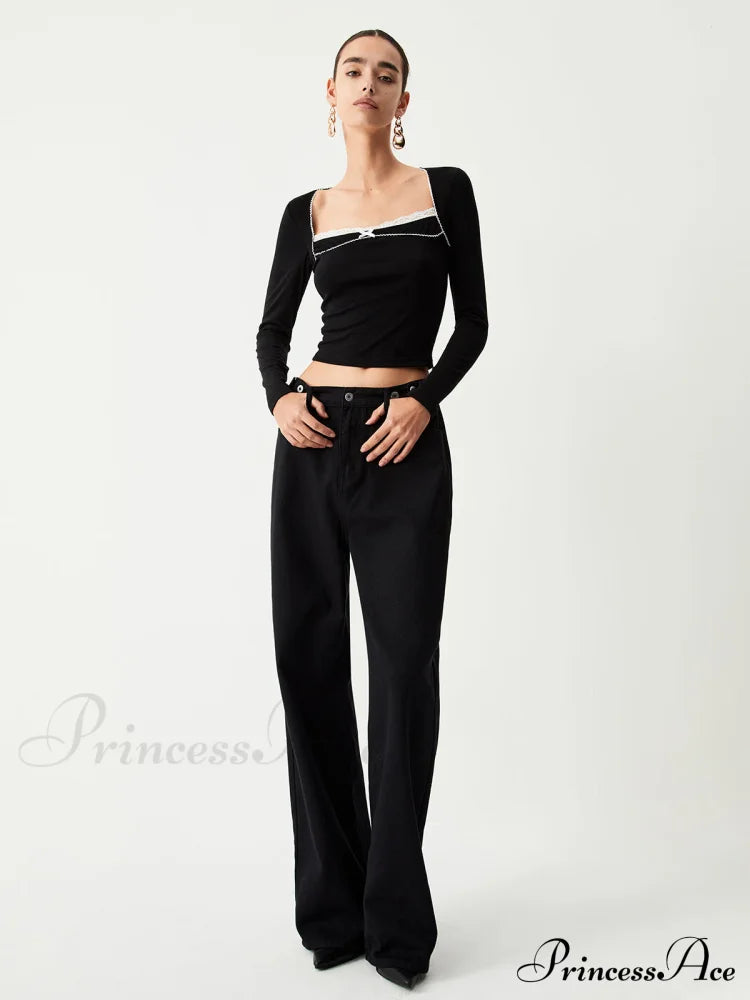 Contrast Trim Lace Trendy Long Sleeve Crop Top image 2