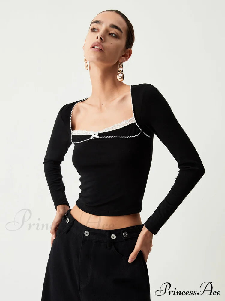 Contrast Trim Lace Trendy Long Sleeve Crop Top image 4