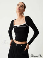 Contrast Trim Lace Trendy Long Sleeve Crop Top image 4