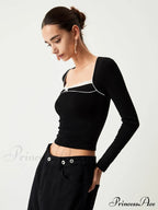 Contrast Trim Lace Trendy Long Sleeve Crop Top image 5