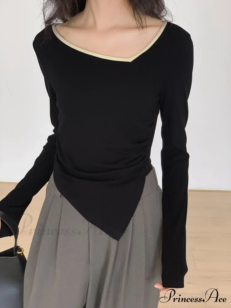 Contrast Trim Long Trendy Sleeve Asymmetrical Top image 1
